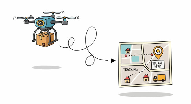 Drone delivery and tracking map illustration.