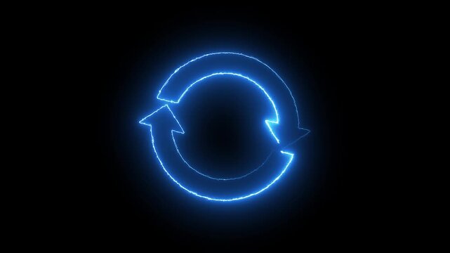 Neon line refresh arrow icon on black background. Abstract beautiful neon  and recycle icon animation background glowing neon arrow  loading icon background 4k animation video.
