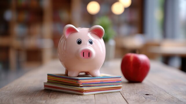 Cute piggy bank on stack of colorful books next to a fresh red apple, representing savings, learning, and financial education in a cozy interior setting