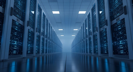 Futuristic Server Room Data Center Corridor Long Row of Racks Blue Light Technology