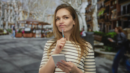 Fototapeta premium Young woman holds pen to chin with notepad while glancing at notes on busy street; contemplation curiosity.
