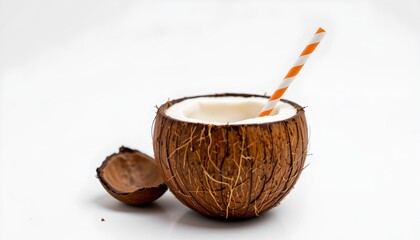 A coconut with straw sticking out of it sits on a surface, next to an empty shell, against a white background.