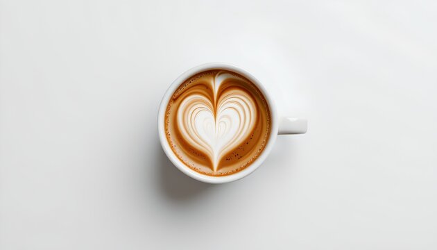 A cup of coffee with latte art on a white tabletop. The heart shaped pattern in the foam is the primary focus - Powered by Adobe