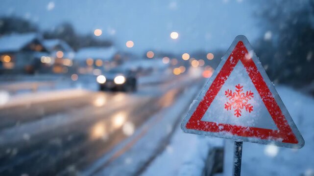 244Snow warning sign along icy highway, car headlights softly blurred in background, snow falling lightly, road glistening from ice, winter evening light creating tension