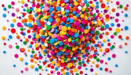 A large cluster of multicolored polka dot candy pieces scattered haphazardly across the frame.