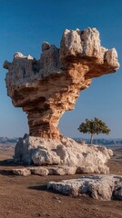 Stunning rock formation with tree overlooking a valley during daylight in the mountains