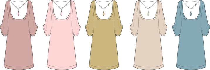 Five Colorful Dresses with Y-Necklaces Illustration