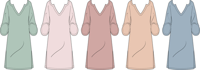 Collection of five loose-fitting v-neck dresses in pastel colors, showcasing a variety of muted shades for versatile styling options