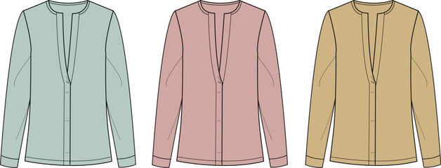 Three different colored women's tops in a row, featuring a V-neckline and long sleeves