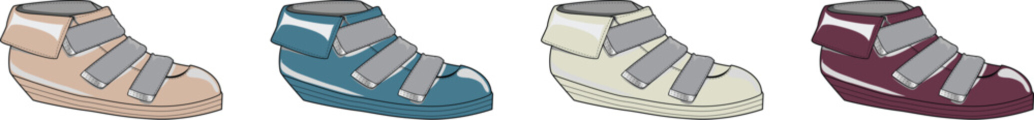 A vibrant illustration showcasing a collection of four distinct casual sports shoes in various colors, from soft beige to rich burgundy, highlighting diverse footwear styles for active lifestyles