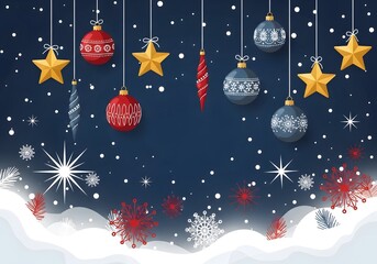 Festive christmas ornaments and snowflakes against a dark blue night sky, creating a magical winter holiday scene with a sense of wonder and celebration