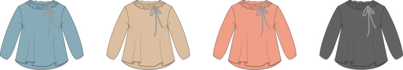 Set of four hooded garments in different colors blue, beige, coral, and dark grey