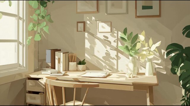 Warm Sunlight Streaming into a Cozy Home Office with Lush Green Houseplants and Minimalist Wooden Desk.