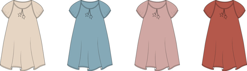 Digitally rendered collection of four comfortable women's casual dresses with short sleeves and a tie-neck detail, presented in a versatile color palette for everyday wear and summer style