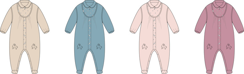 Adorable baby romper onesie garment sketch in different colors