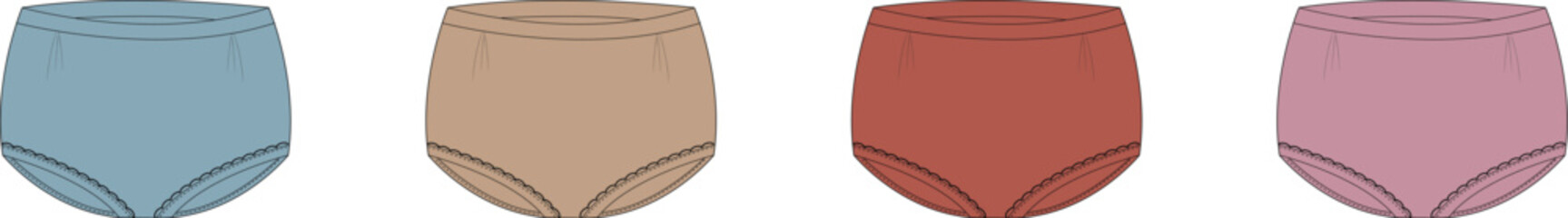 Set of colorful underwear in different shades blue, beige, red, and pink, lingerie fashion concept