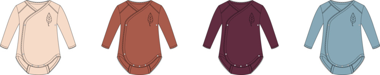 Collection of four newborn baby sleep sacks in pastel pink, terracotta, plum, and light blue, showcasing different color options for infant clothing