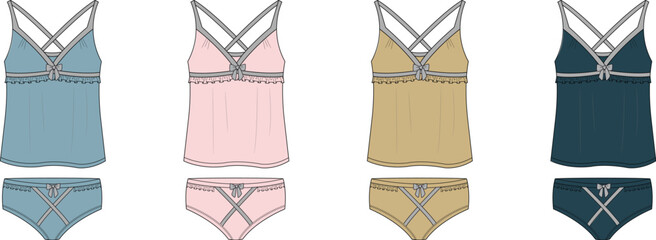 Stylish illustrated concept of women's camisole and matching briefs in a range of appealing colors, perfect for comfortable sleepwear or everyday lingerie