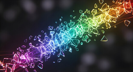 Rainbow Shattered Glass and Crystal Shards Exploding Diagonally on Dark Background