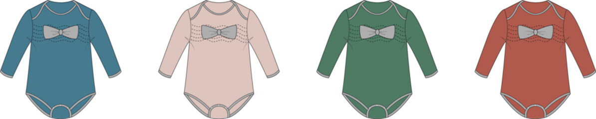 A stylish collection of long-sleeved infant bodysuits in four different colors, each featuring a cute bow tie design. Vector fashion illustration set for newborns