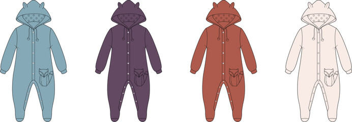 Fashion design technical flat sketch set of a cozy hooded one-piece pajama in four color options. Vector apparel template for sleepwear and loungewear concepts