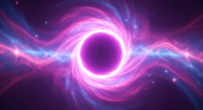 A vibrant and swirling accretion disk of cosmic dust and gas surrounds a dark, mysterious black hole in the vast expanse of deep space, illuminated by distant stars and nebulae