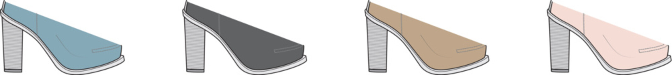 Four modern high-heeled shoes in different pastel colors and metallic accents