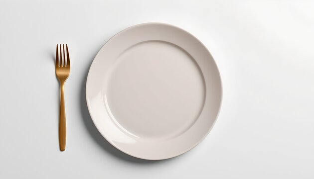 A minimalist setting featuring a white plate placed on a table with a fork to its side. The background is a plain, unadorned surface that gives a sense of simplicity and cleanliness