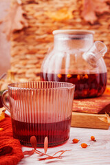 Herbal Tea Glass and Teapot with Autumn Leaves