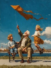 Elderly man and children enjoying a sunny day while flying a colorful kite by the water