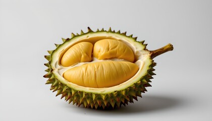 An open durian fruit with its yellow flesh exposed, revealing seeds in various stages of maturity