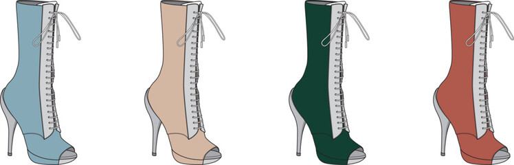 A stylish collection of diverse colored open-toe lace-up high-heeled boots, perfect for modern women's fashion and design concepts, offering a trendy footwear selection