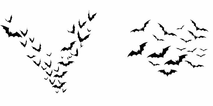 A swarm of black silhouette bats flying in a v formation and a scattered group against a white background