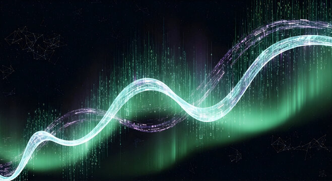 Digital DNA Strand Waving Across Green Aurora Borealis Background with Data Stream
