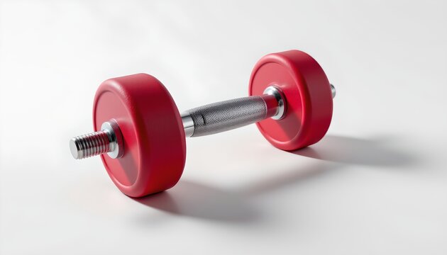 A set of red dumbbells on a white background. They are positioned side by side with their weight plates facing upwards, revealing the handles attached to the central mass