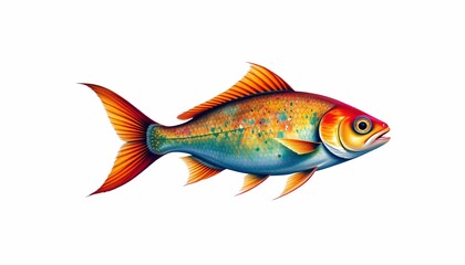 A vibrant fish with striking colors of red, blue, yellow, and green adorns its body, swimming against a white background.