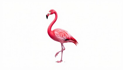 Fototapeta premium A single pink flamingo standing in profile against a plain background.