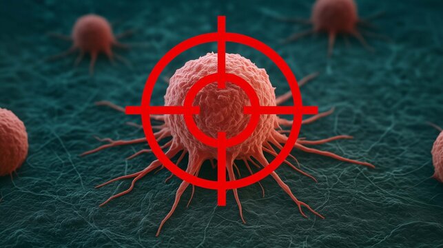 Cancer cell targeted under red crosshair concept of oncology research precision medicine tumor treatment immunotherapy and cancer detection showing microscopic 3d illustration background