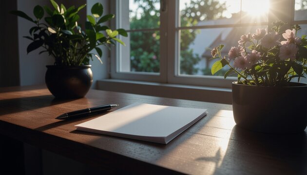 A blank sheet of paper and pen on a wooden desk bathed in warm sunlight from a nearby window