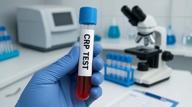 CRP test blood sample in laboratory hand holding test tube for inflammation marker analysis medical diagnosis and infection detection in clinical research healthcare and laboratory testing environment