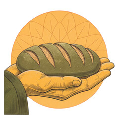 Hand holding artisan bread loaf, golden crust, engraved circle emblem, vintage engraving style, transparent background, warm rustic mood