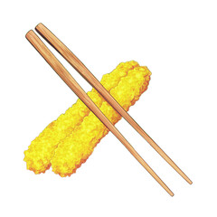 Crispy tempura shrimp chopstick pair white transparent background, golden breadcrumb crust, minimal food concept, savory snack, clean studio