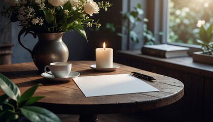 A rustic wooden table with paper, pen, candle, and coffee cup in a cozy, warmly lit setting