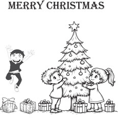 Fototapeta premium Cartoon Christmas tree with gifts and toys for kids coloring book illustration