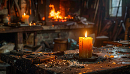 A candle burning in the middle of a cluttered office