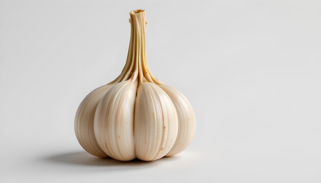 A whole garlic bulb placed on a white background. The garlic has a pale yellow outer skin and appears to be fresh.