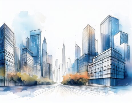 dreamy watercolor sketch of a minimalist cityscape with modern buildings fading gracefully into a soft white background