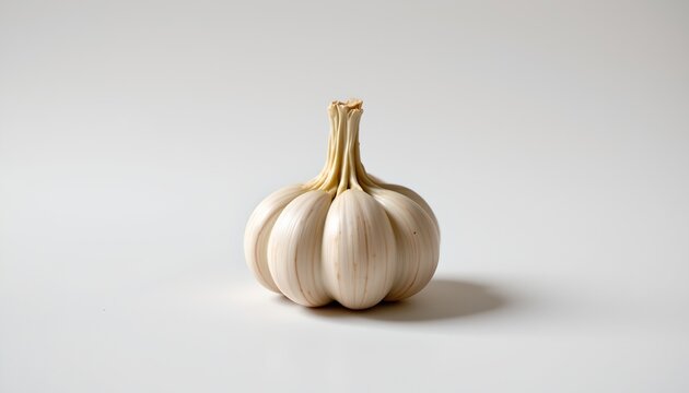 A large white garlic bulb with multiple cloves on a plain surface.