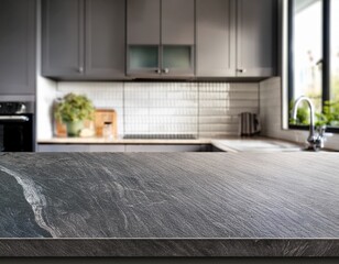slate gray bench top in kitchen with blank space background