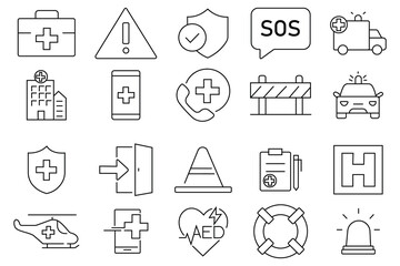 Emergency icons set . Emergency web icons in line style.  SOS emergency call, ambulance, help, emergency hotline, exit, collection. Vector illustration.